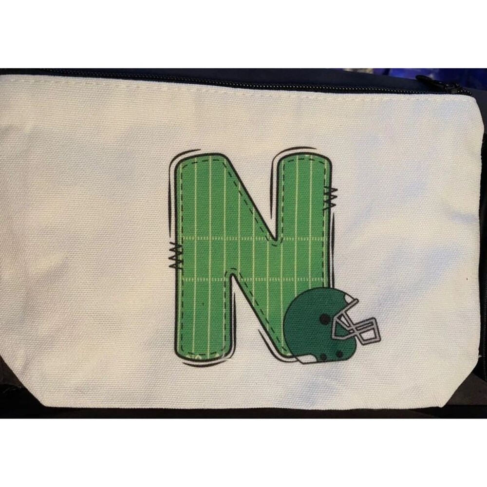 Football Initial N wristlet makeup bag green white canvas